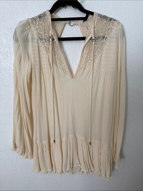 Free People Cream Lace-Trim Long Sleeve Peasant Top